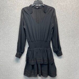 Rebecca Minkoff Noelle Dress Womens‎ XS Black Peasant Embroidered Smocked V-Neck